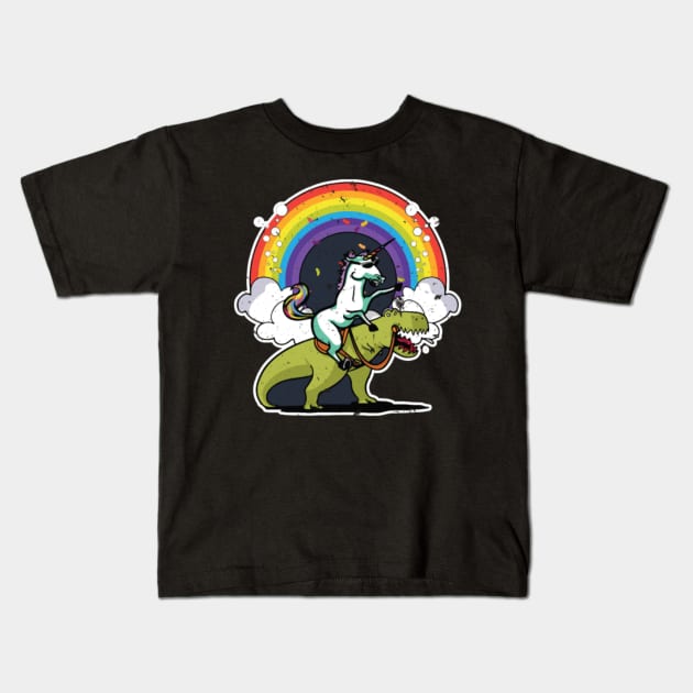 Unicorn Riding Dinosaur T Rex T Shirt Rainbow Kids T-Shirt by Xizin Gao